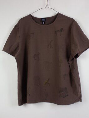 Eileen Fisher Womens T-Shirt Sz 1X Brown Stretch Animals Elephant Giraffe Boxy